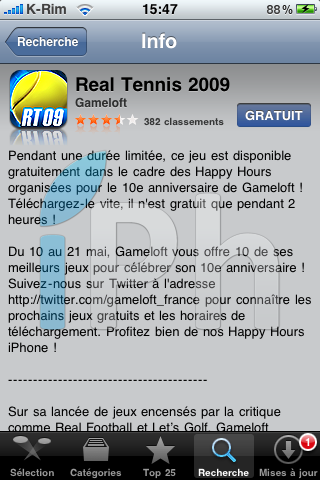 IMG 0987 Jeux   iPhone Happy Hour : Real Tennis 2009 gratuit pendant 2h