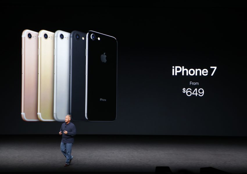 SAN FRANCISCO, CA - SEPTEMBER 07: Apple Senior Vice President of Worldwide Marketing Phil Schiller speaks on stage during a launch event on September 7, 2016 in San Francisco, California. Apple Inc. is expected to unveil latest iterations of its smart phone, forecasted to be the iPhone 7. The tech giant is also rumored to be planning to announce an update to its Apple Watch wearable device. Stephen Lam/Getty Images/AFP
