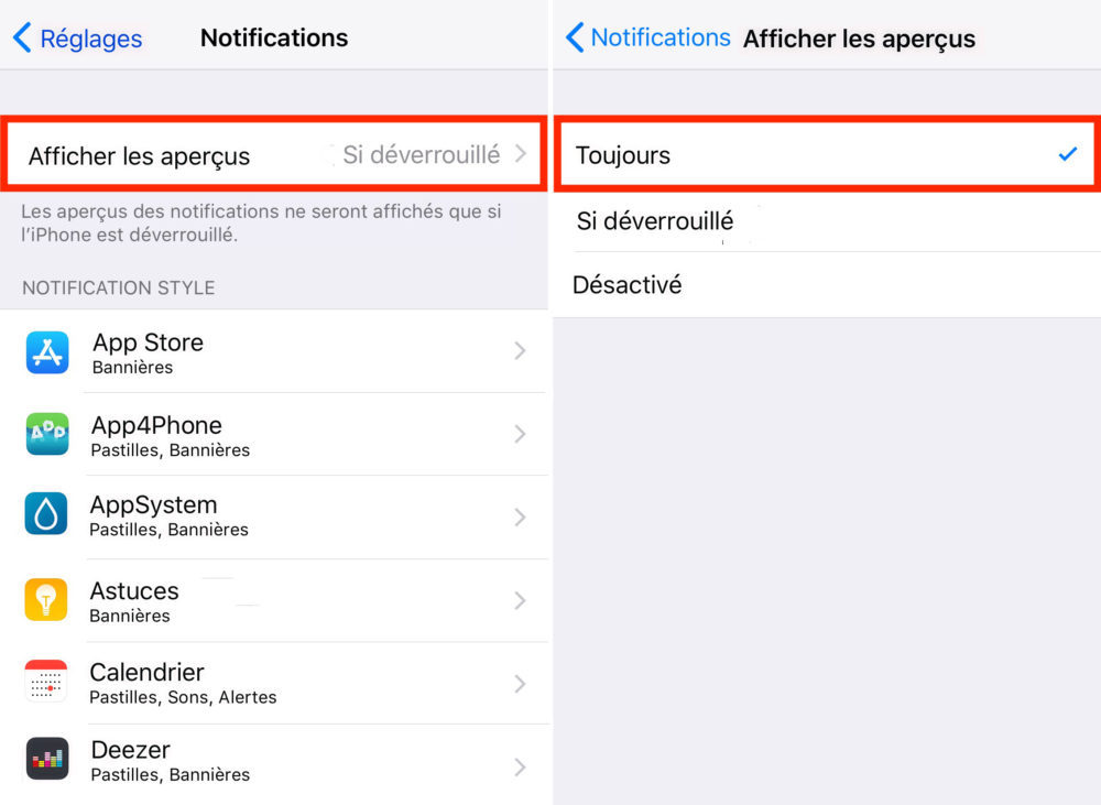 Toujours afficher les aperçus de notifications sur iPhone X