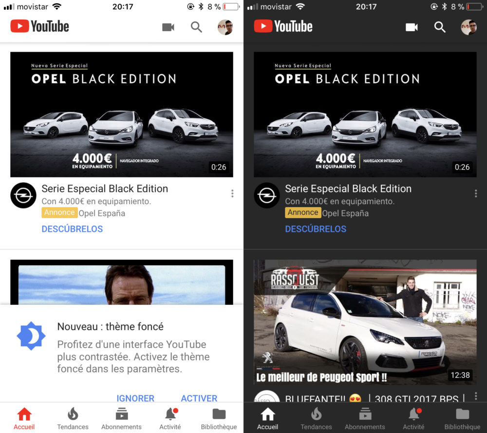 Mode nuit disponible sur YouTube iOS