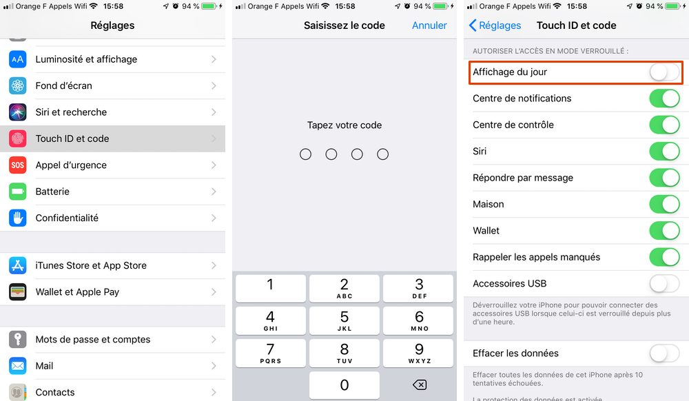 Désactiver l'affichage du jour sur l'écran verrouiller de votre iPhone