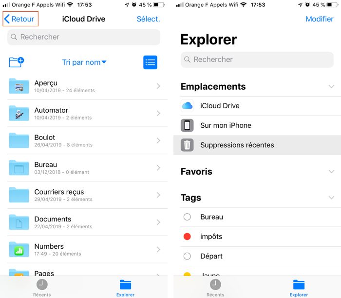 Accéder aux suppressions récentes avec Fichiers sur iPhone