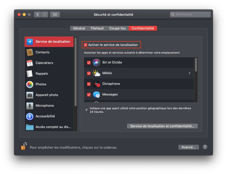 Activer le service de localisation dans Confidentialité sur Mac