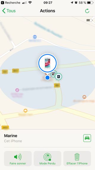 Affichage des fonctionnalités de Localiser mon iPhone sur un appareil