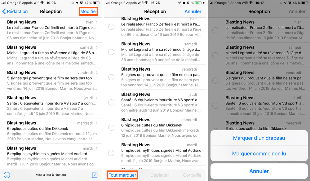 Dans Mail sur iPhone, tout marquer