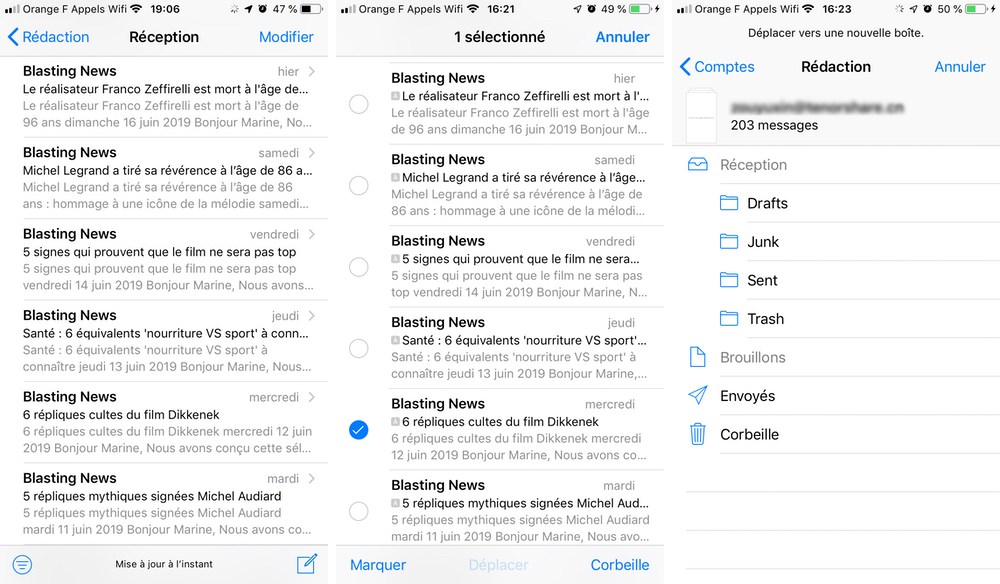 Tout supprimer, tout déplacer dans la Corbeille dans Mail sur iPhone