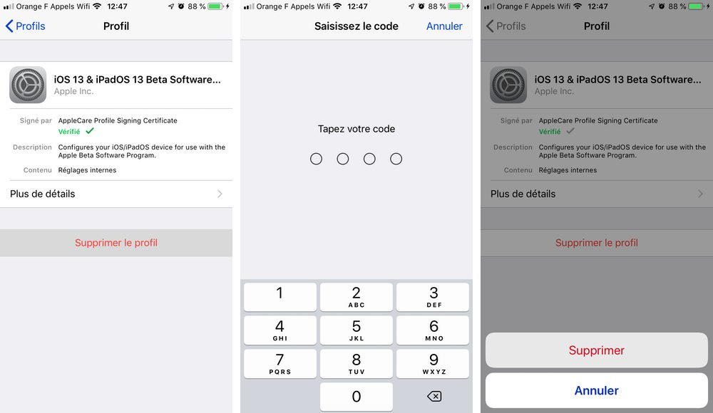Supprimer le profil bêta iOS 13 et iPadOS
