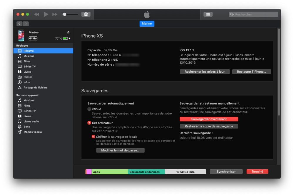 Sauvegarder maintenant un iPhone avec iTunes