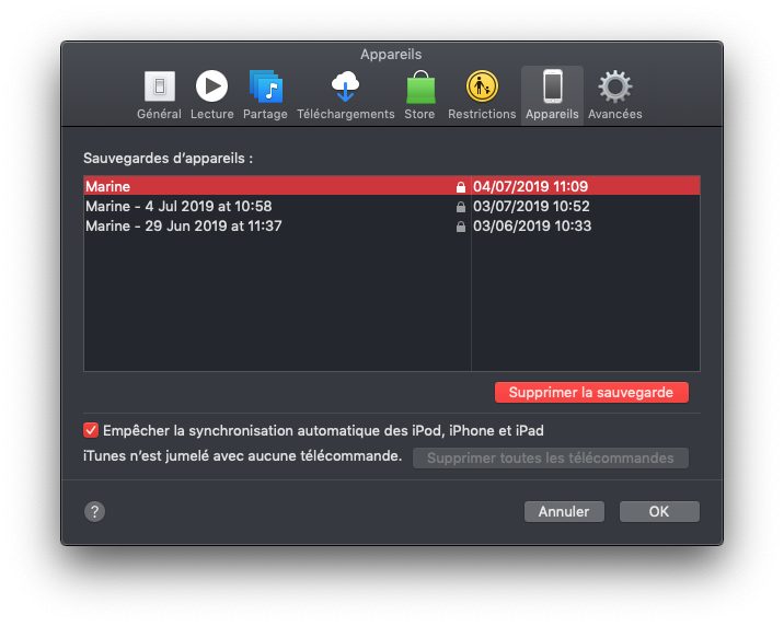 Supprimer une sauvegarde archivée ou non avec iTunes