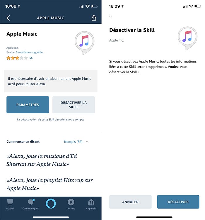 Désactiver la skill d'Apple Music sur Alexa