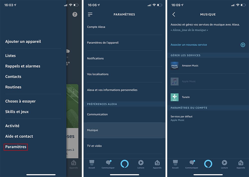 Les paramètres d'Apple Music avec Alexa