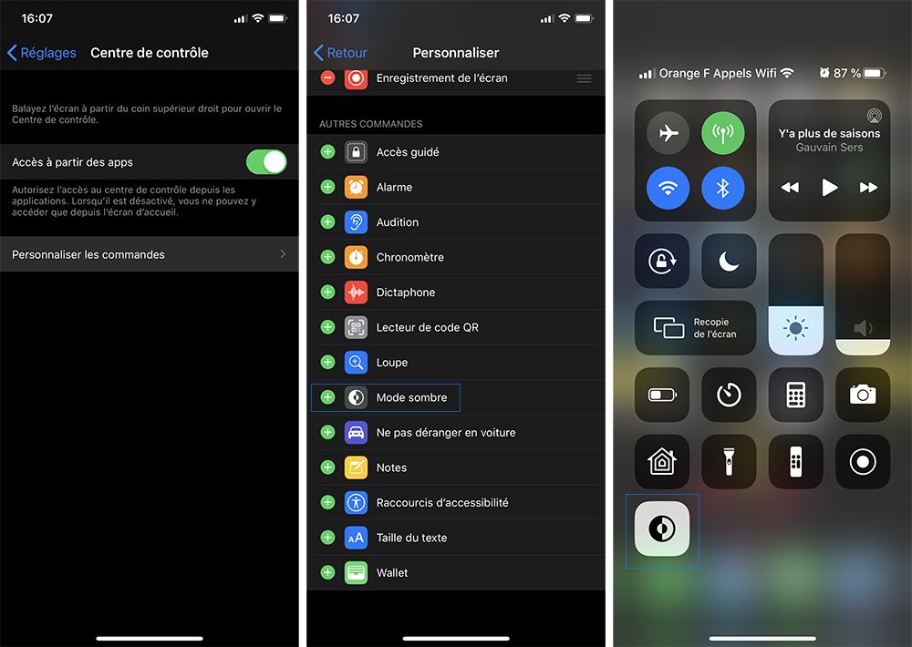 Ajouter le mode sombre, nuit, dans le Centre de contrôle de l'iPhone