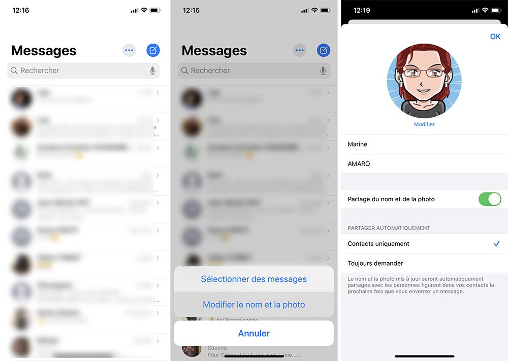 Éditer la personnalisation de la fiche contact dans Messages
