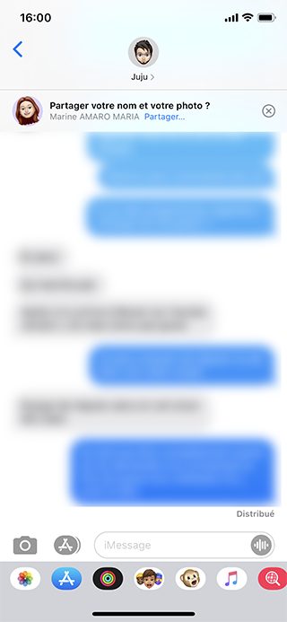 Partage fiche contact personnalisé dans Messages