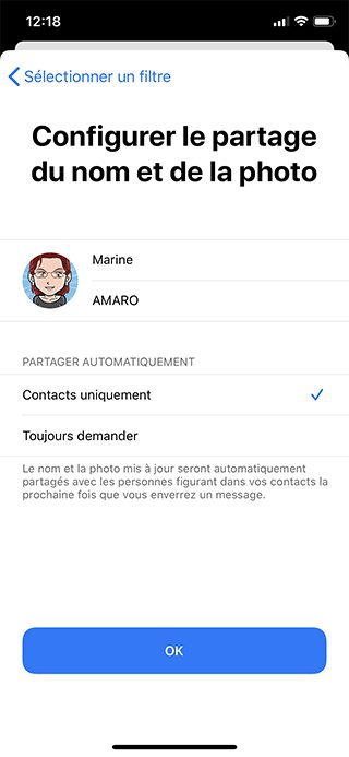 Activer la personnalisation de la fiche contact dans Messages