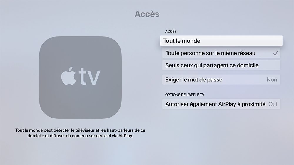Donner les accès en AirPlay sur l'Apple TV