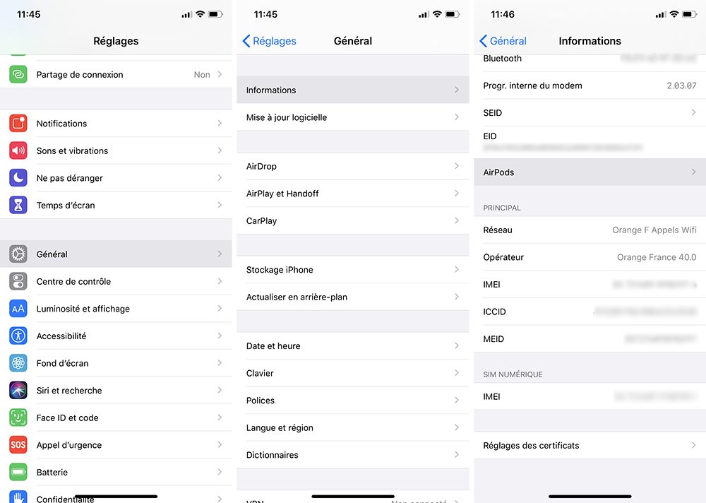 Les informations des AirPods, les mises à jour 