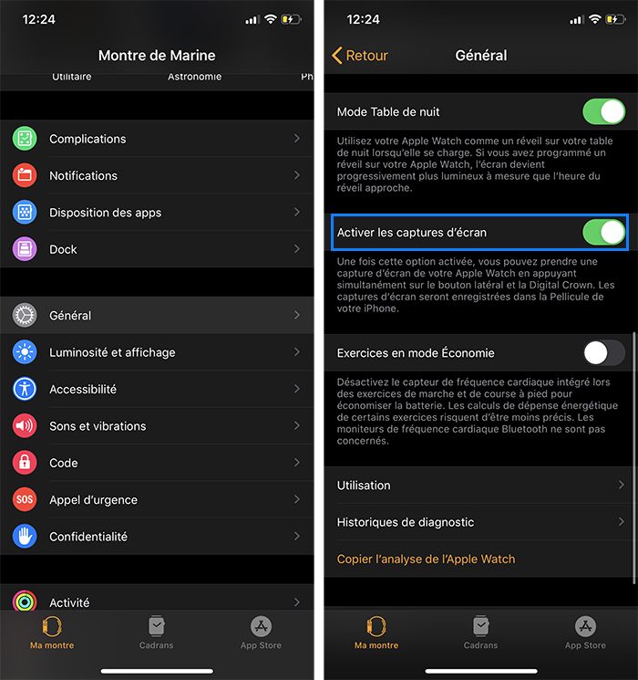 Activer les captures d'écran de l'Apple Watch sur votre iPhone