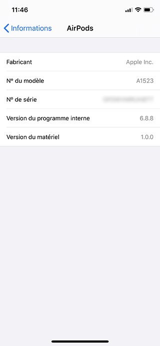 Les informations des AirPods, les mises à jour 