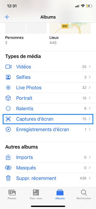 Retrouver l'album captures d'écran dans l'app Photos