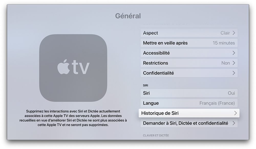Effacer l'historique Siri sur Apple TV