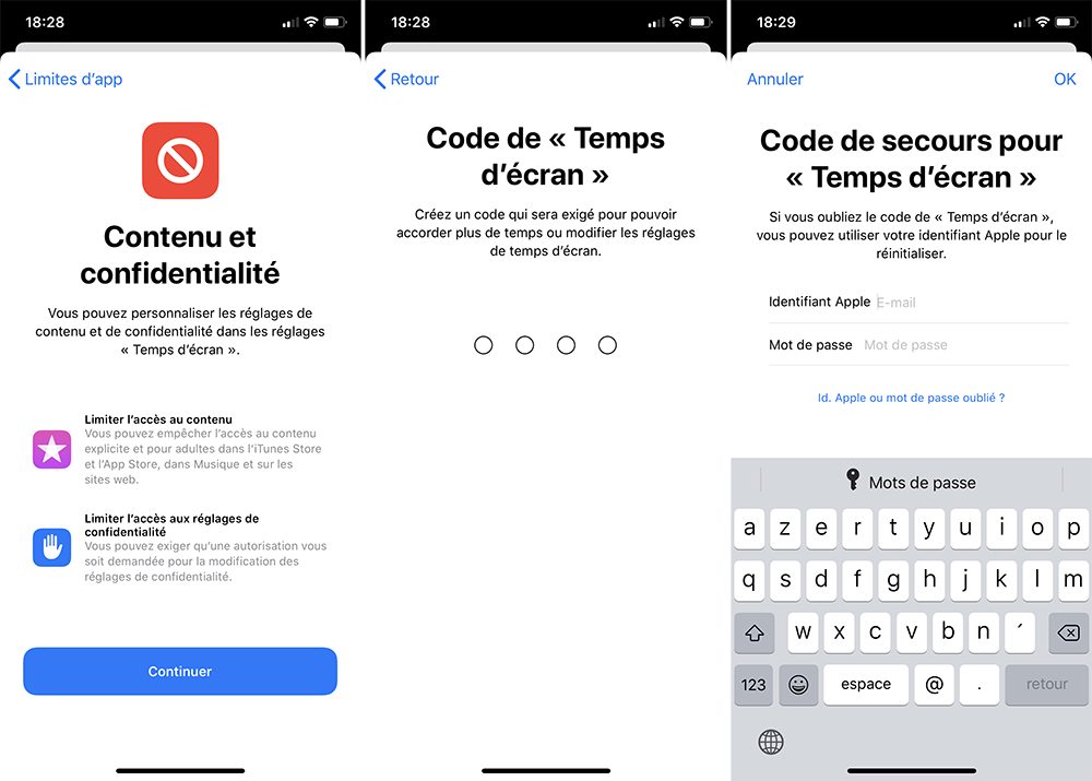 Activer Temps d'écran avec un code pour bloquer les achats intégrés