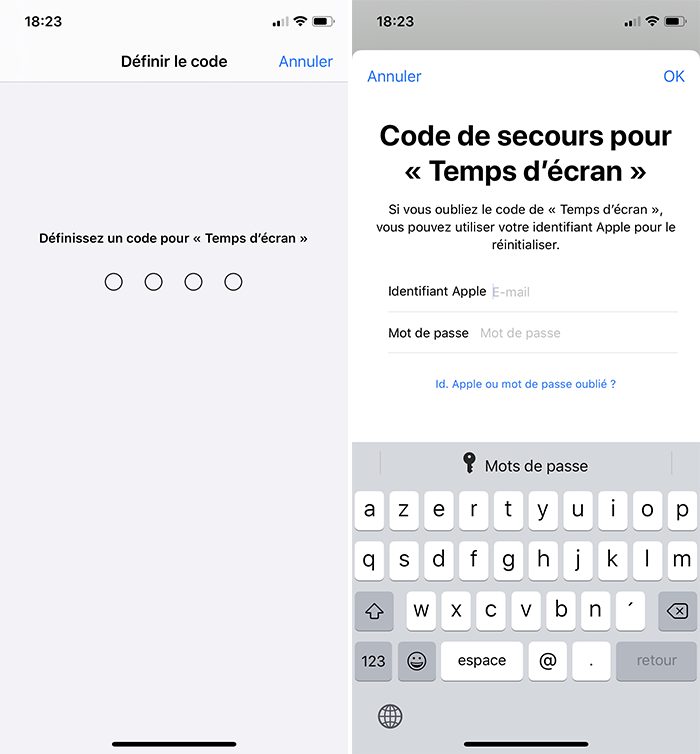 Activer Temps d'écran avec un code pour bloquer les achats intégrés