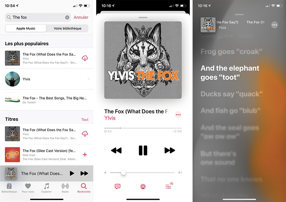 Le karaoké, les paroles de Musique sur l'iPhone