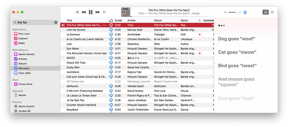 Le karaoké, les paroles de Musique sur le Mac