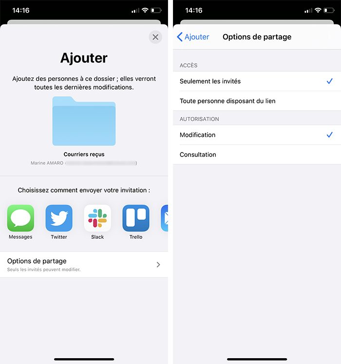 Ajouter une personne pour le partage de dossier iCloud sur iPhone