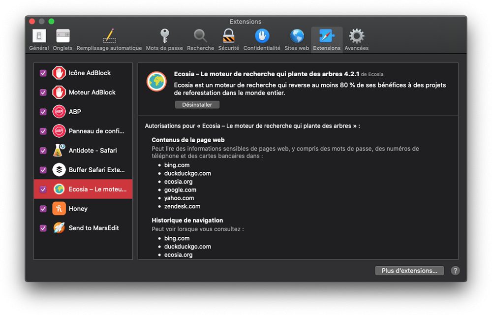 Activer une extension Safari moteur de recherche