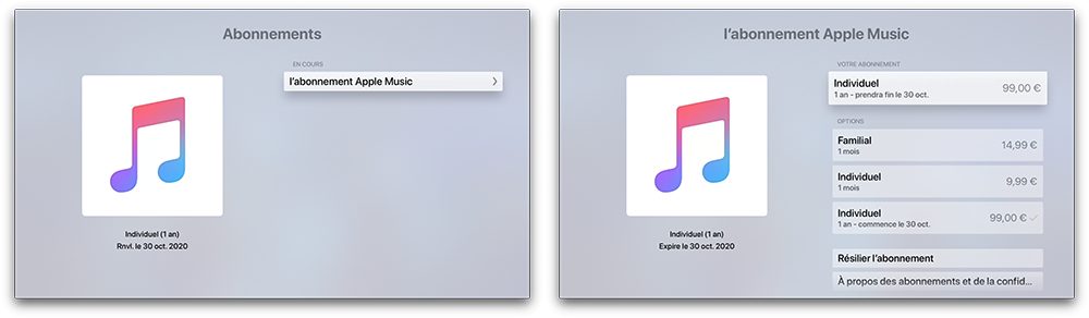 Gérer et résilier un abonnement depuis les réglages sur l'Apple TV
