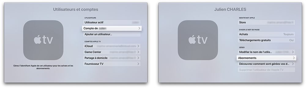 Gérer et résilier un abonnement depuis les réglages sur l'Apple TV