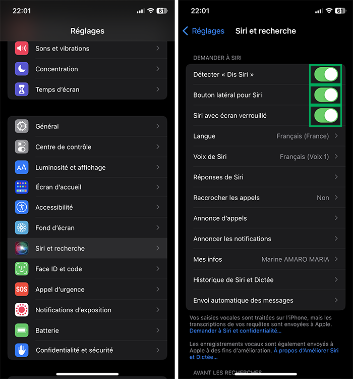 Activer / désactiver Siri sur iPhone dans les Réglages