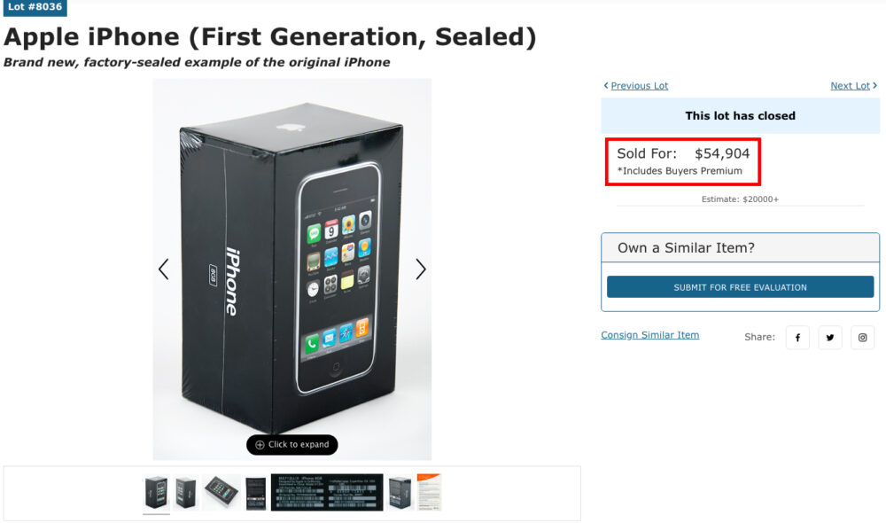 iPhone 2007 Encheres Prix 1000x590 Insolite : un iPhone de 2007 dans son emballage dorigine vendu pour plus de 54 000 dollars aux enchères