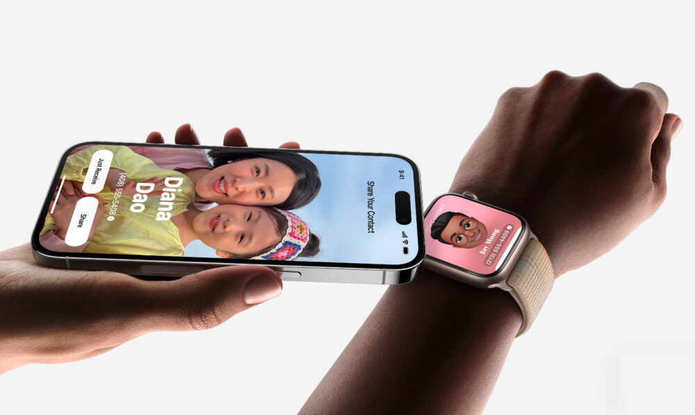 iOS 17 NameDrop Apple Watch WWDC 2023 1000x598 [WWDC 2023] iOS 17 : NameDrop, Journal ; nouveautés dans Messages, FaceTime, Siri au lieu de Dis Siri et plus