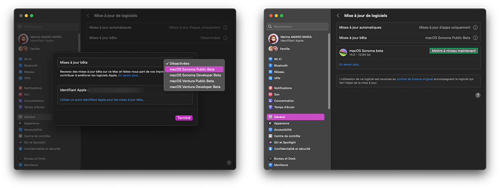 Mises à jour bêta > macOS Sonoma Public Beta > Mettre à niveau