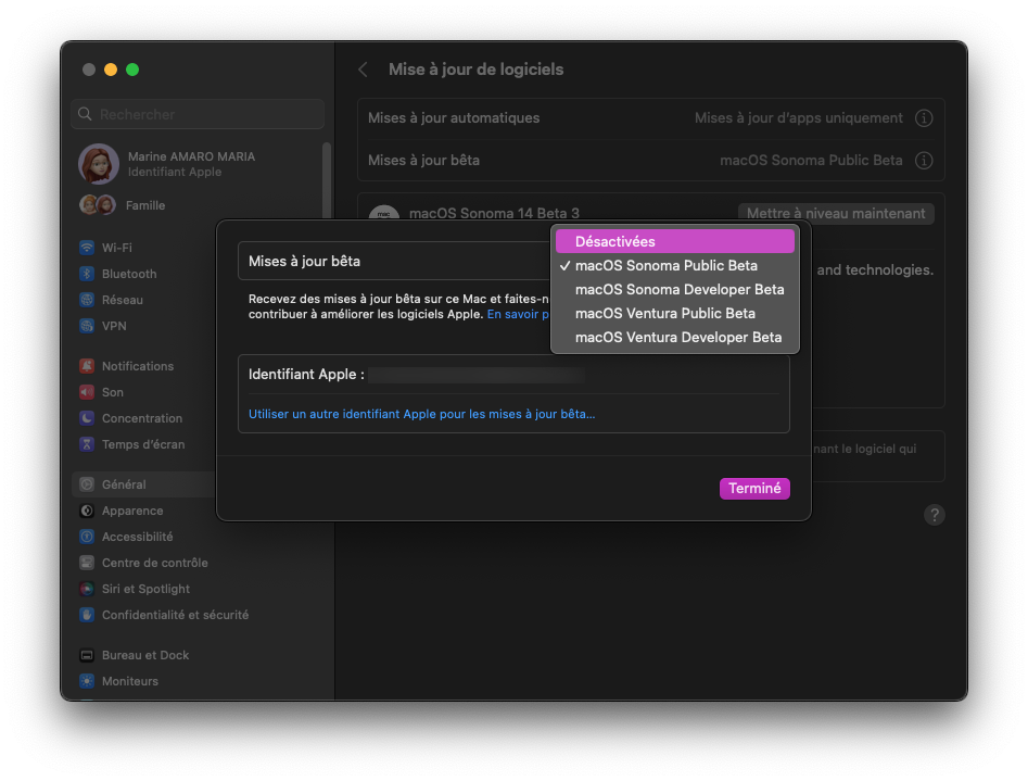 Mises à jour bêta > macOS Sonoma Public Beta > Désactivées