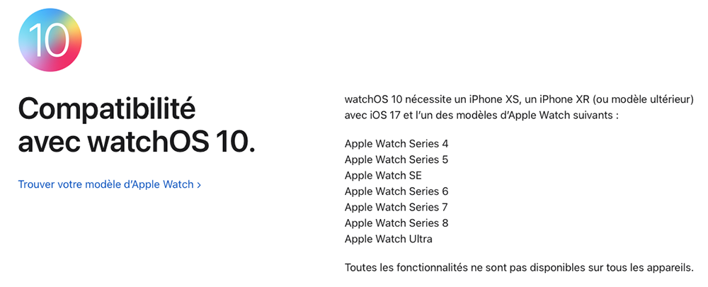 Apple Watch compatibles avec watchOS 10