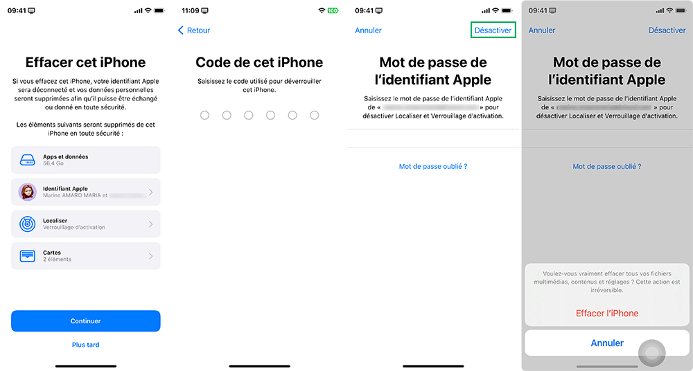 Capture d'écran de la suite Continuer > code > mot de passe et désactiver puis Effacer l'iPhone