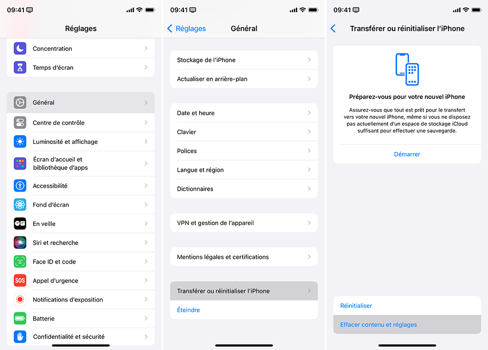Capture d'écran de Réglages > Général > Transférer ou réinitialiser l'iPhone