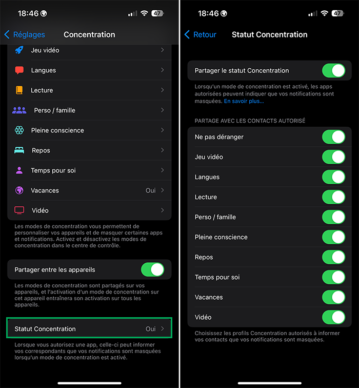 Comment utiliser efficacement les modes de concentration de iOS et macOS ? iphone concentration statut Comment utiliser efficacement les modes de concentration de iOS et macOS ?
