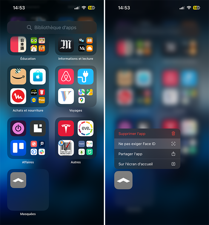 bibliothèque apps ne pas exiger Face ID iOS 18