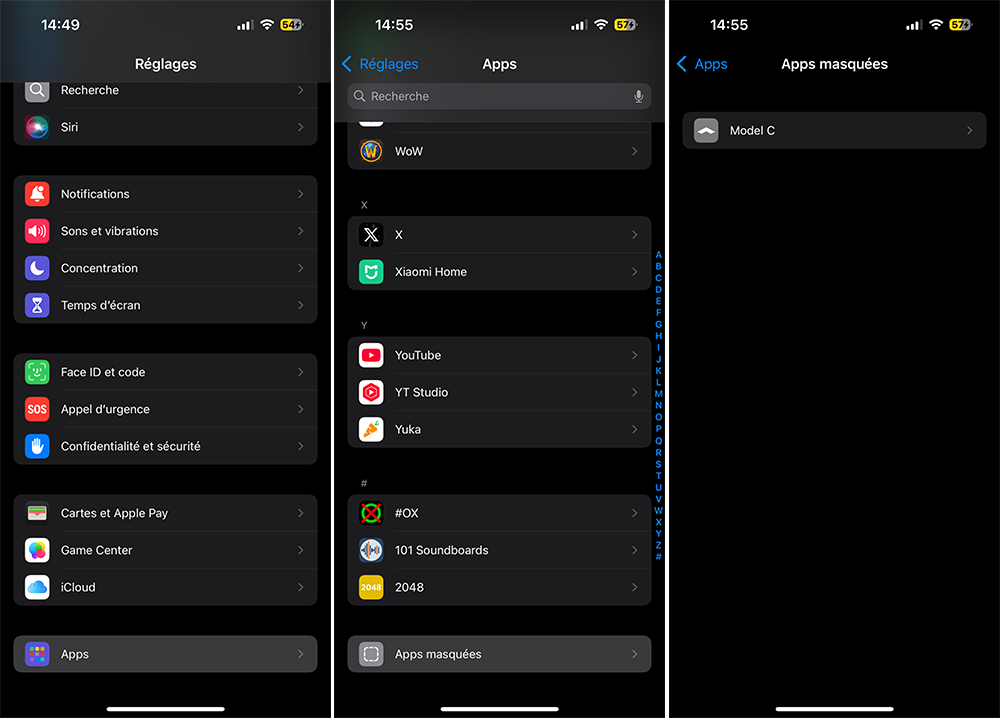 réglages apps masquées iOS 18