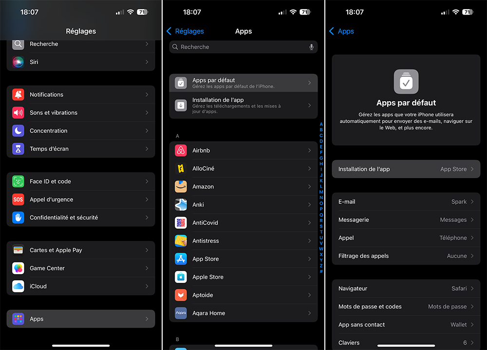 Le menu des apps par défaut