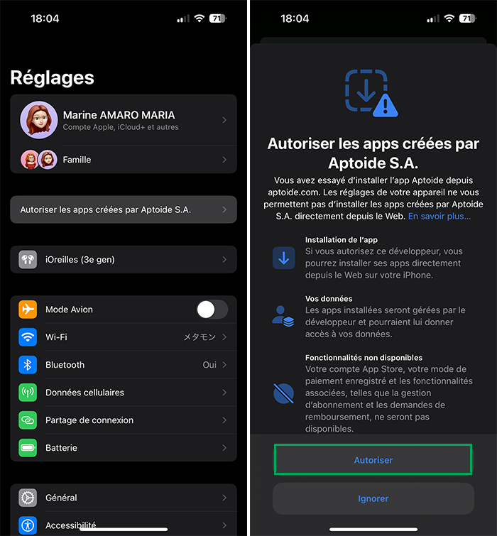 Autoriser Aptoide à installer des apps sur l'iPhone