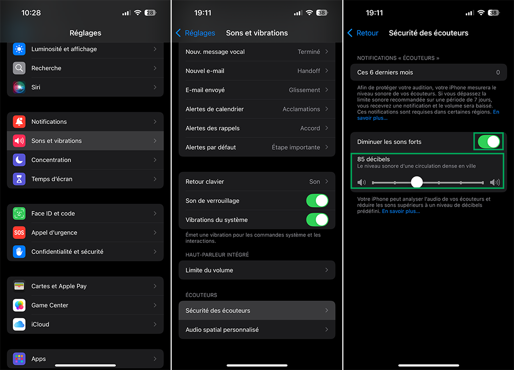 Régler le volume maximum des écouteurs en diminuant les sons forts