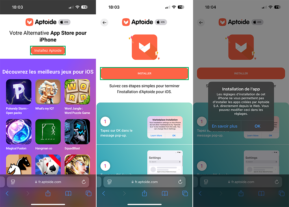 Demander l'installation d'Aptoide sur iPhone avec Safari
