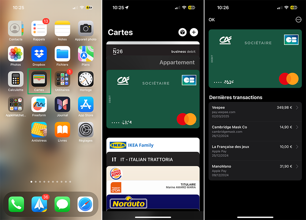 Sélectionner une carte ou ticket dans l'app Cartes