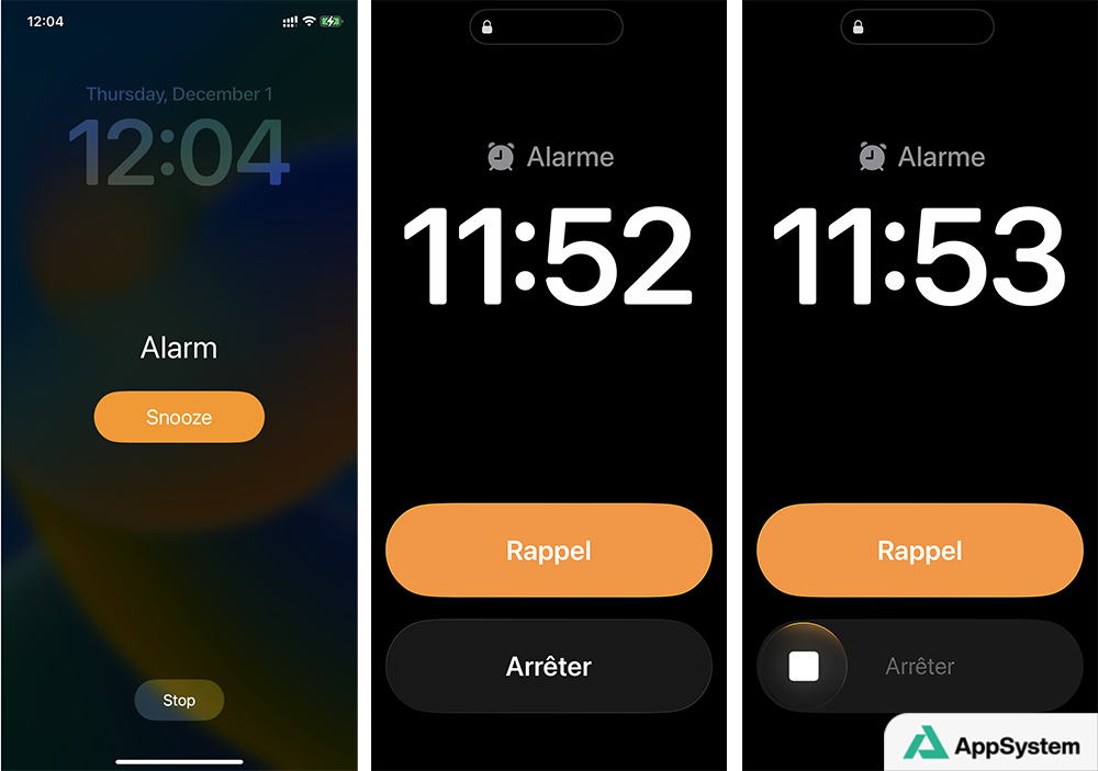 Comparaison de l'alarme et des boutons Rappel et Arrêter sur iPhone entre iOS 18, iOS 26 et iOS 26.1
